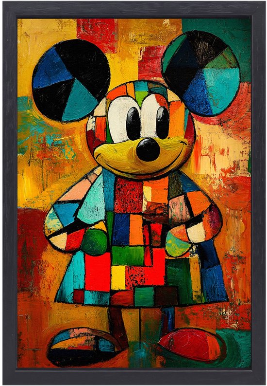 Kleurrijke muis in abstract kunst - Kubisme schilderij op canvas - Muurdecoratie canvas muis - Abstracte kunst - Canvas met frame - Muurdecoratie modern - Canvas met baklijst 40x60 cm