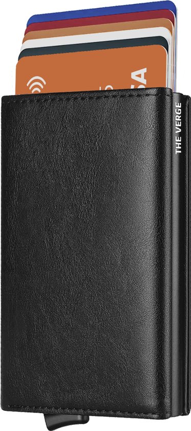 The Verge® Premium - Pasjeshouder Uitschuifbaar Met Rits - Kaarthouder - Pasjeshouder Mannen & Vrouwen - RFID Creditcardhouder - Pashouder - 8 - 12 pasjes - Zwart Leer Met Rits & Magneetsluiting - Incl. Luxe Cadeauverpakking