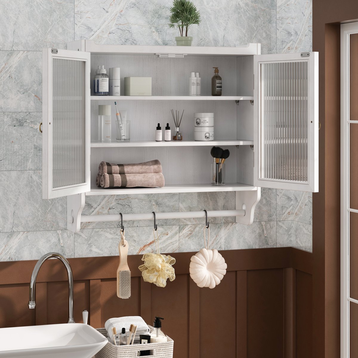 SINGULARITY Wandkast-60CM -Glasdeur -Retro Dubbele Deur -Met Handdoekenrek -Drie Opbergkasten-Wit