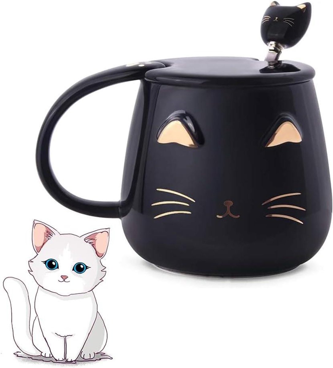 Allecto Plus - Keramische koffiemok met deksel en lepel, herbruikbare kattenmok voor thee, melk, koffie - ideaal voor op reis en kantoor - vrouwen verjaardagscadeau (type 5)