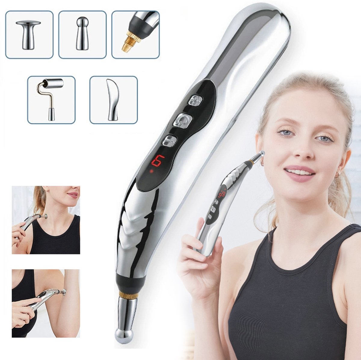CHIWIN Acupunctuur Massagepen – 9 Standen Elektrische Meridiaanpen – Inclusief 5 Massagekoppen – Microstroom Therapie voor Nek, Schouders en Rug – USB Oplaadbaar – Zonder Naalden