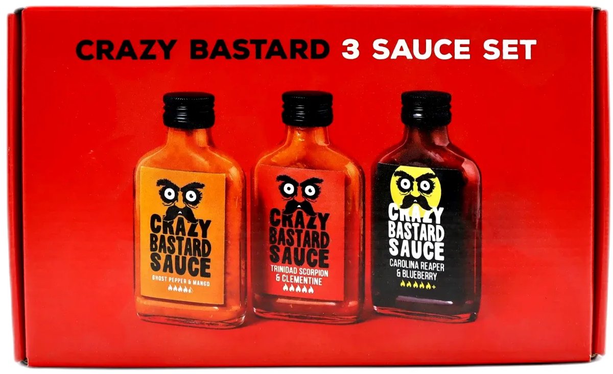 Crazy Bastard Hot Sauce Giftset – 3 Superhete Sauzen met Ghost Pepper, Trinidad Scorpion & Carolina Reaper – 3x100ml