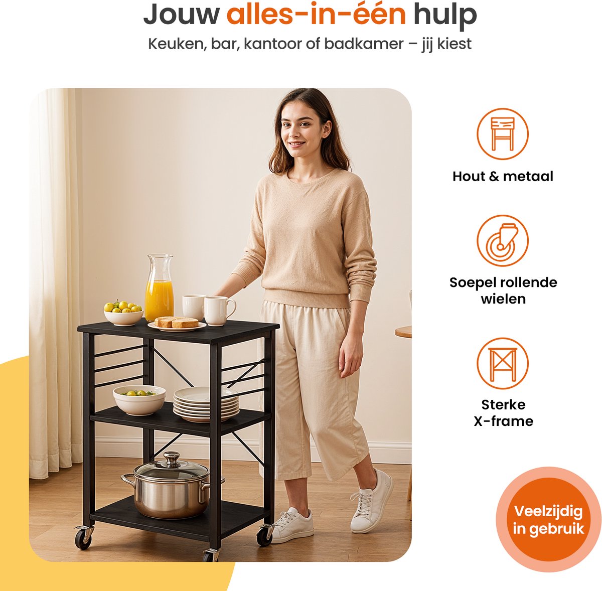 Goliving Keukentrolley op Wieltjes – Keukenkast – Keukenrek – Serveerwagen – Keuken Organizer – Modern – 60 x 40 x 89 cm – Zwart