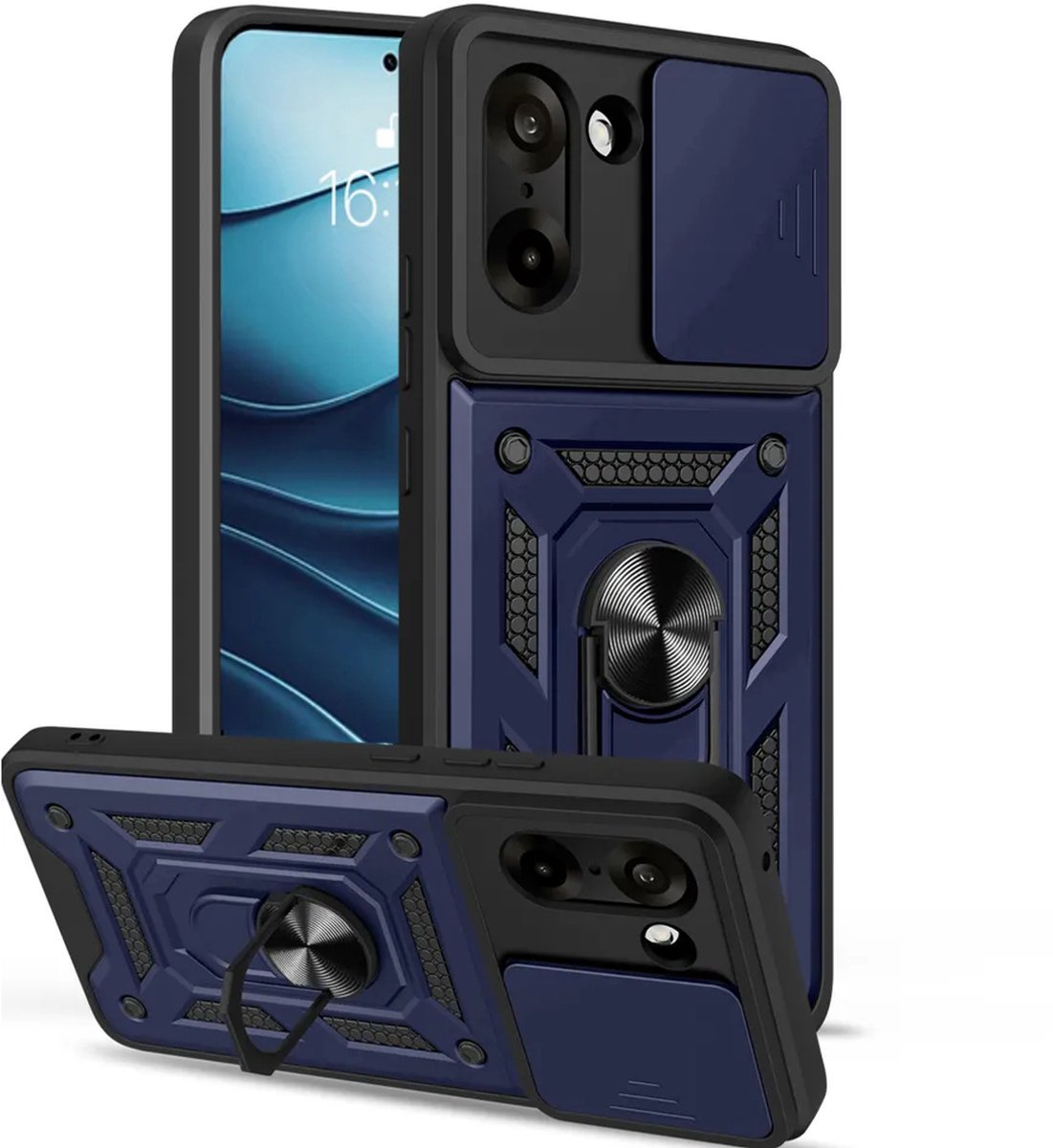 MobyDefend Hoesje - Geschikt voor OnePlus Nord CE 5 - Pantsercase Met Draaibare Ring - Blauw