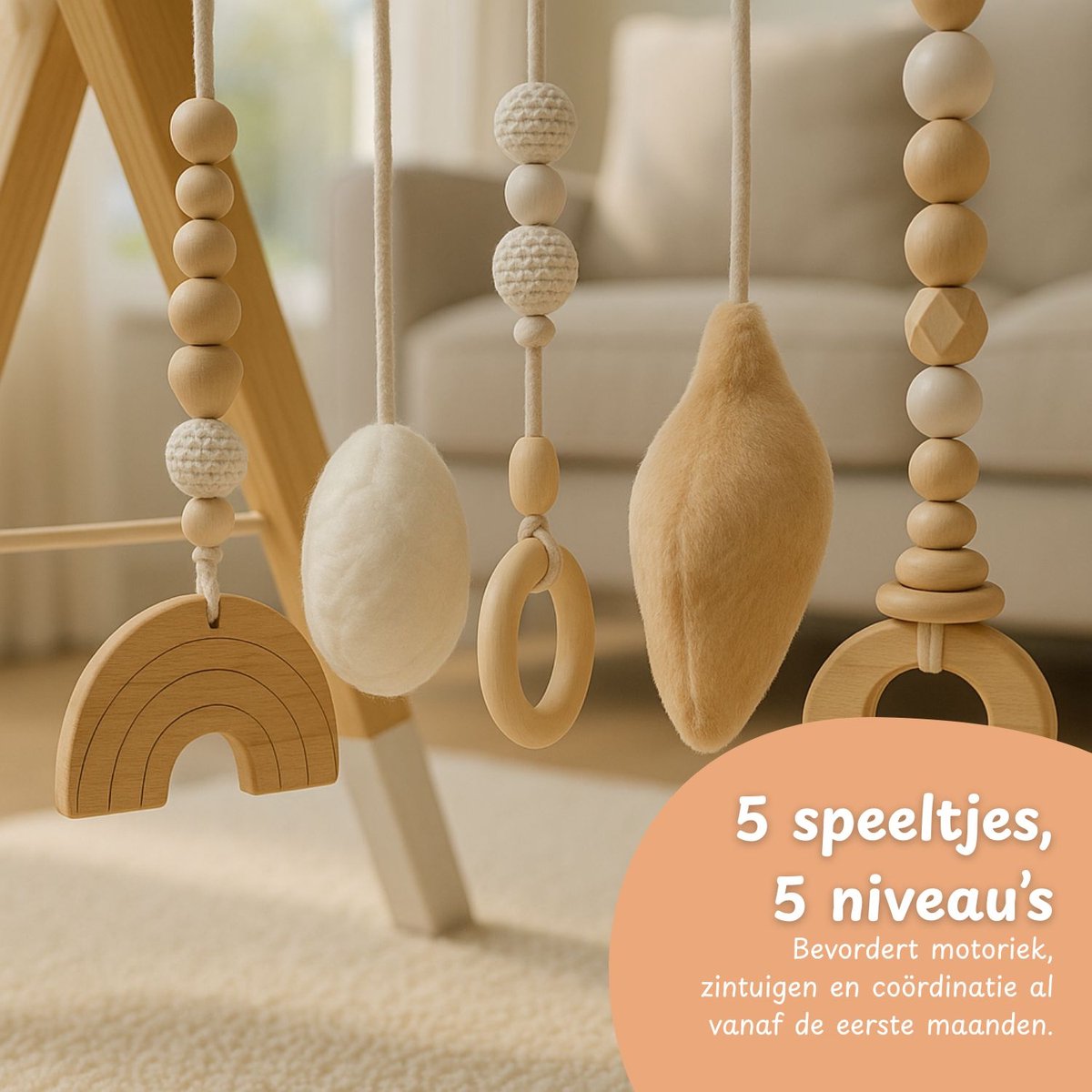 Maxx Kidz Houten Babygym - Stevige & Veilige Constructie van Hout - Speelgoed voor Baby van 6 maanden - Gym met 5 hangers — afbeelding 2