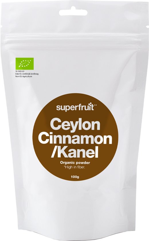 Superfruit biologisch Ceylon kaneel poeder in een witte zak, 100g.