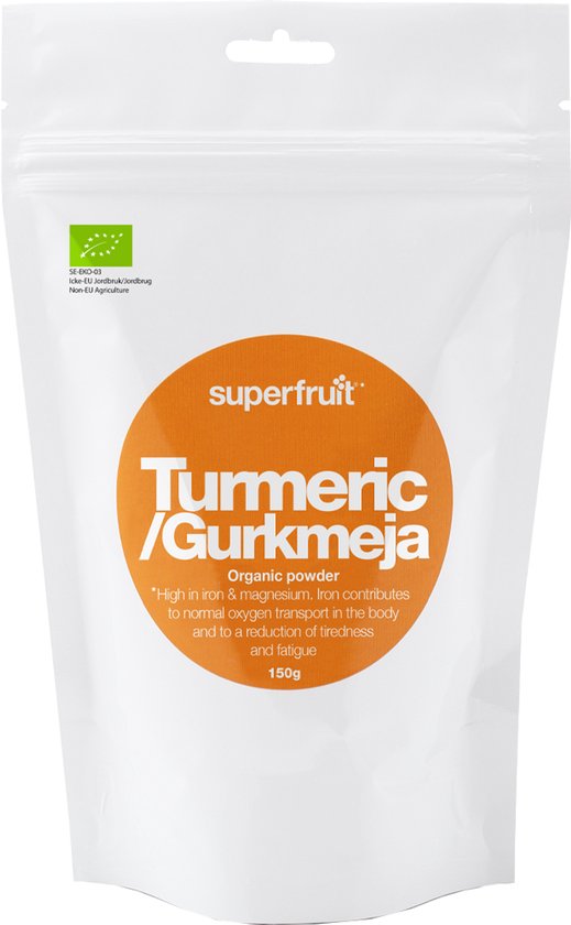 Superfruit biologisch kurkuma/gurkmeja poeder, 150g. Wit pak met oranje cirkel met tekst.