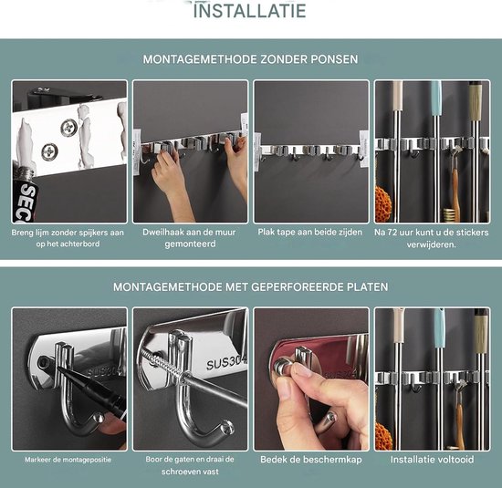 Bezemhouder-Bezem Ophangsysteem- 5 Houders 6 Haken- Tuingereedschap- Gereedschapshouder-RVS — afbeelding 3