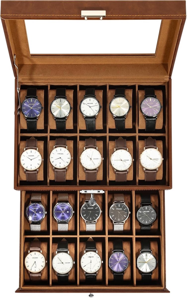 Uten Luxe Horlogedoos - Horloge Box Heren Dames - Geschikt voor Horloges en Sieraden - 20 vakken - Bruin