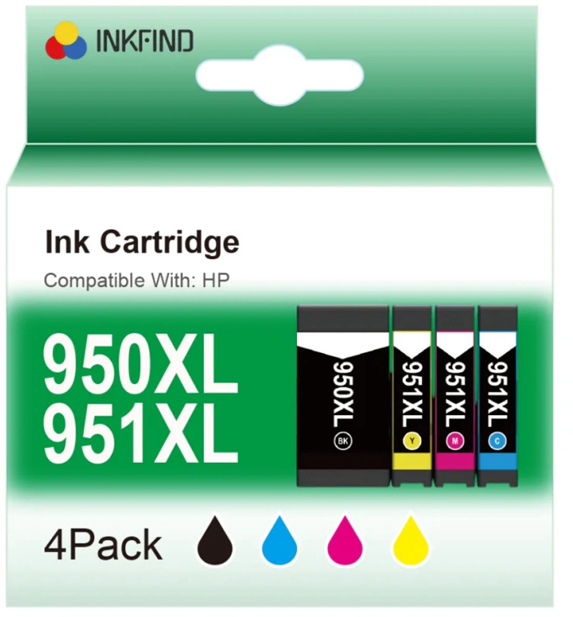 INKFIND 950XL 951XL inktcartridge voor HP 950XL HP950X HP 951XL HP951X HP 950 HP950 HP 951 HP951 inktcartridge multipack 4 stuks(1 x zwart, 1 xcyan/magenta/geel) geschikt voor HP OfficeJet PRO 8100, 8600, 8600 Plus, 8610, 8615, 8620, 8630, 8640, 8660