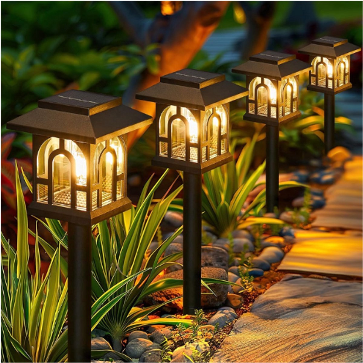 Thuys – 8 Stuks Solar Buitenlampen Vintage – Zonnelampen Voor Tuin – Met Warm Wit Licht – IP65 Waterdicht – Zwart