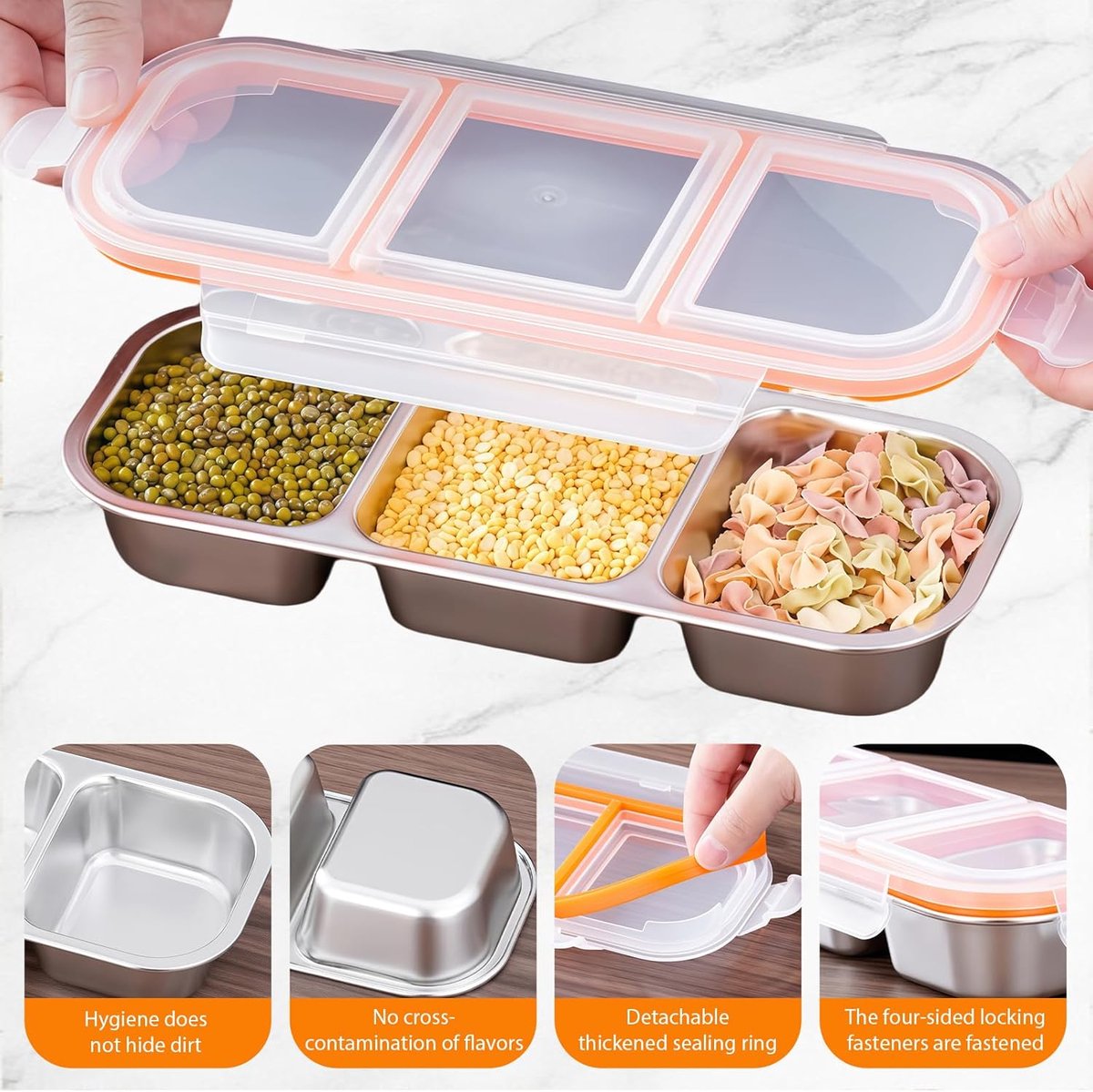 Yamobi Snackbox met vakken - Snackbox van roestvrij staal met 3 vakken, waterdichte bento, herbruikbare doos voor thuis en op reis