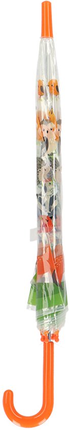 Transparante kinderparaplu met oranje handvat, met afbeeldingen van bosdieren.
