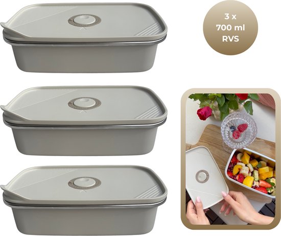 Boîte à lunch en acier inoxydable - Boîte à pain - Étanche et hermétique - Set de 3 contenants de préparation de repas de 700 ml - Boîtes de Boîtes de conservation couleur blanc crème - Pour adultes - Femme Vitale