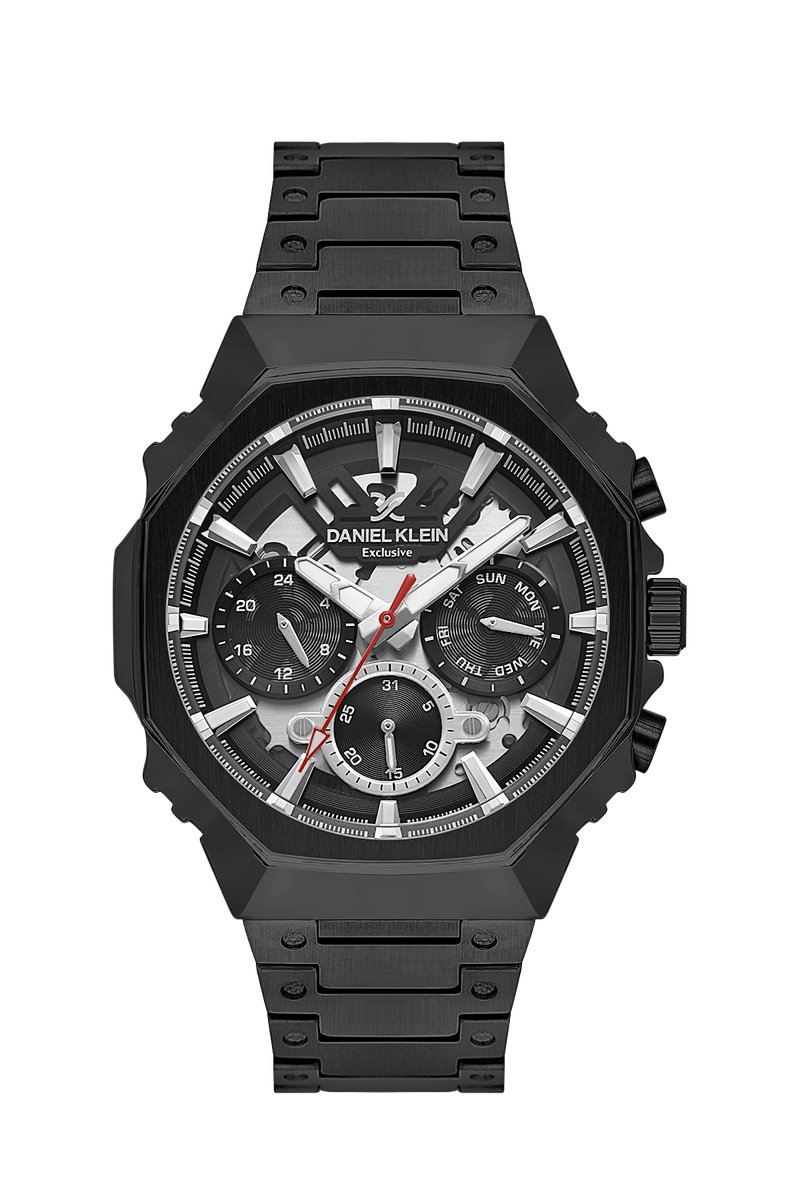 Daniel Klein DK.1.14000-5 - Horloge - Polshorloge - Analoog - Heren- Mannen - Achthoek - Stalen band - Metaal - Datumaanduiding - 24u - Streepjes - Zwart - Zilverkleurig - Wit - Rood