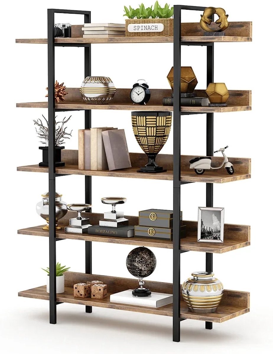 WNHB® Industriële Boekenkast 5 Lagen - Boekenrek met Wandbevestiging - Zwart Buisframe en Bruine Planken - 105x33x180 cm