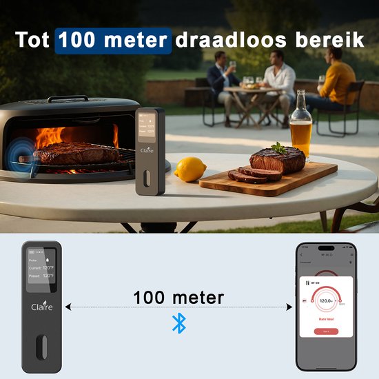 Zwarte Claire thermometer naast een gegrilde steak, met afbeeldingen van de thermometer, een smartphone en 3 mannen aan tafel.