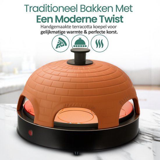 Emerio Pizzarette Origineel - 6 Persoons Pizza Oven - Handgemaakte Terracotta Koepel - 6 Geïsoleerde Bakspatels - RVS Bakplaat - Gourmetstel met Cool touch koepel - PO-115984 1200W