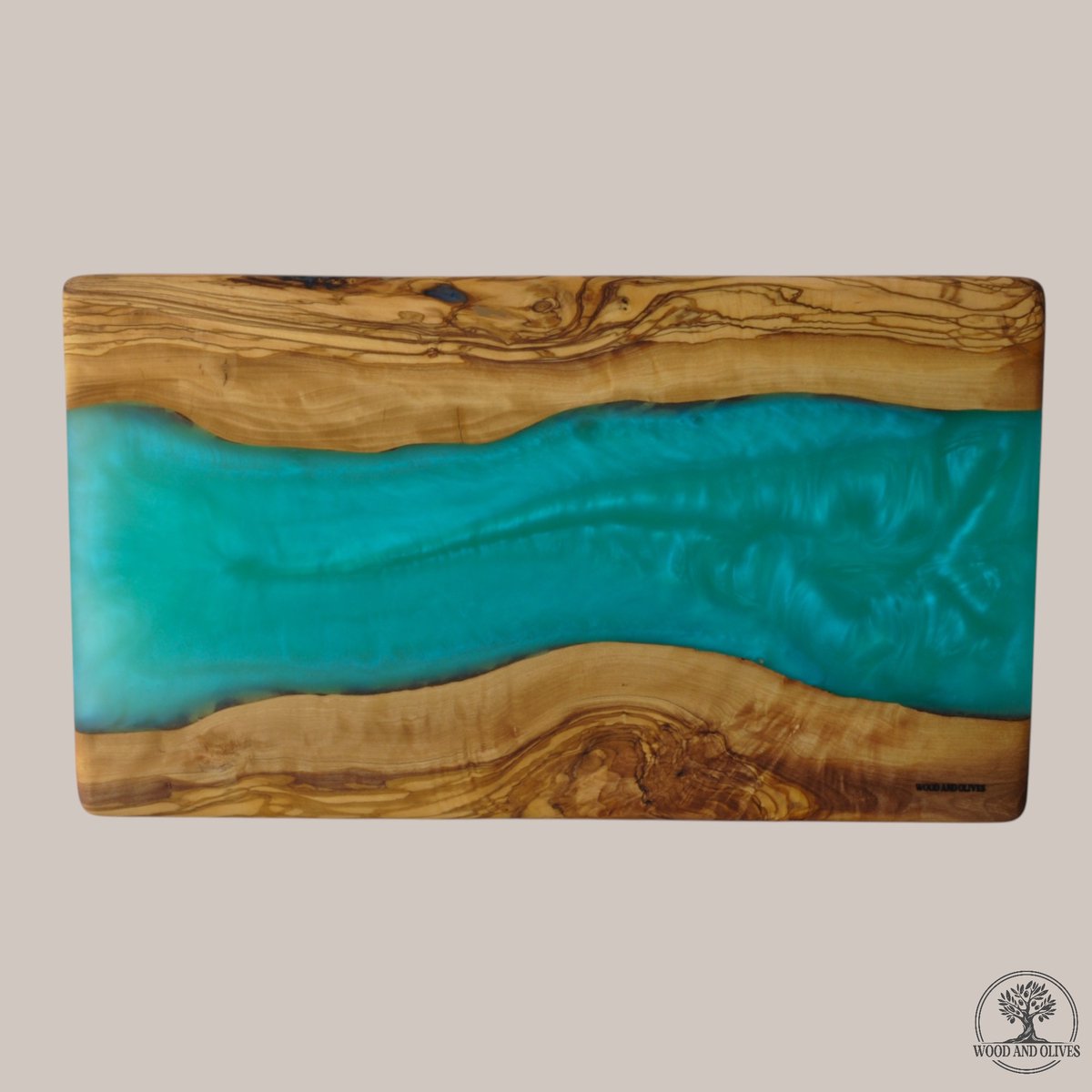 Wood and Olives - Olijfhouten Serveerplank met Epoxy - Turquoise - Handgemaakt - 23x40 cm