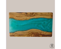 Wood and Olives - Olijfhouten Borrelplank met Epoxy - Turquoise - Handgemaakt - 23x40 cm