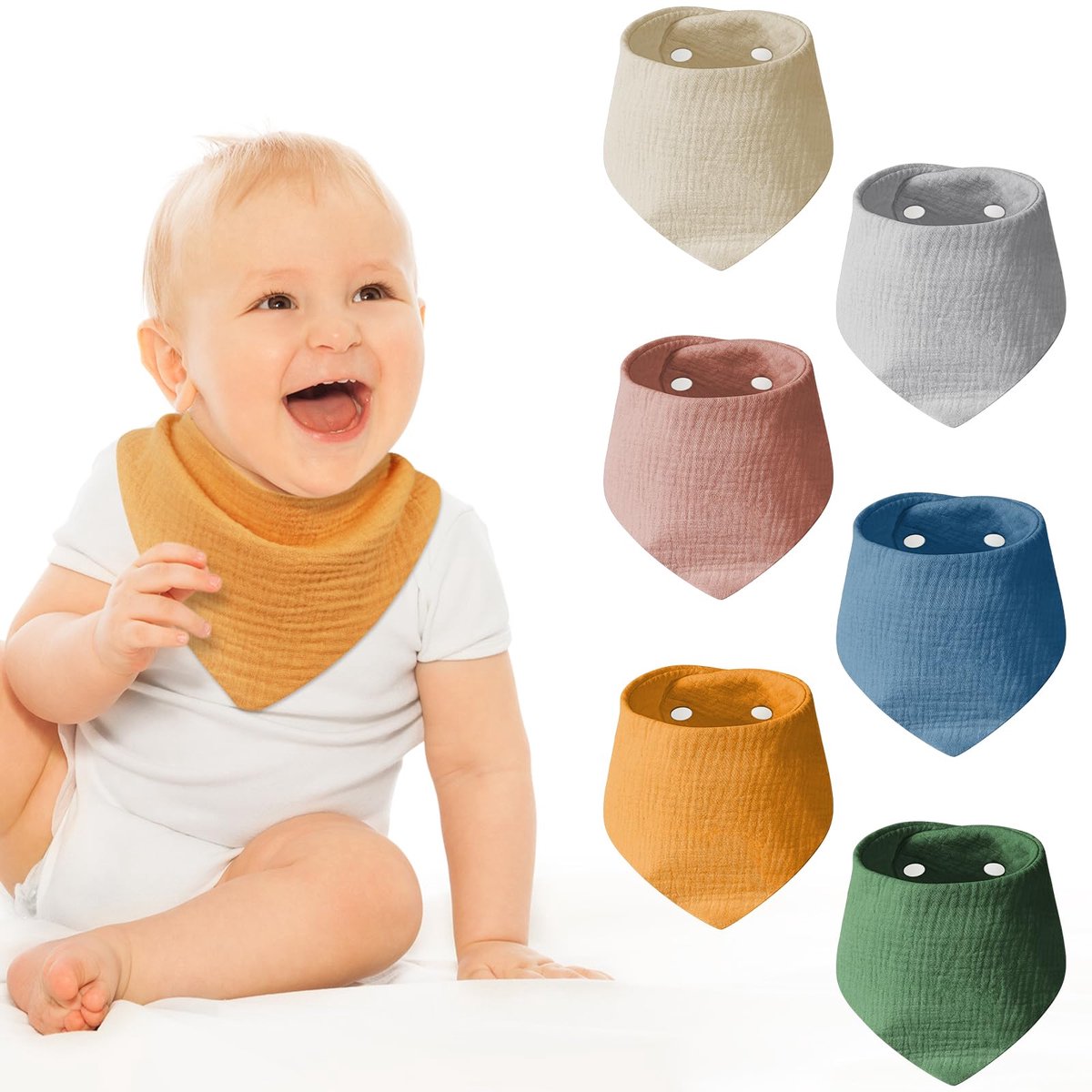 Mousseline Babybandana - Set van 6 Driehoekige Katoenen Babybandana's - Met 2 Verstelbare Drukknoopsluitingen - Voor Jongens en Meisjes