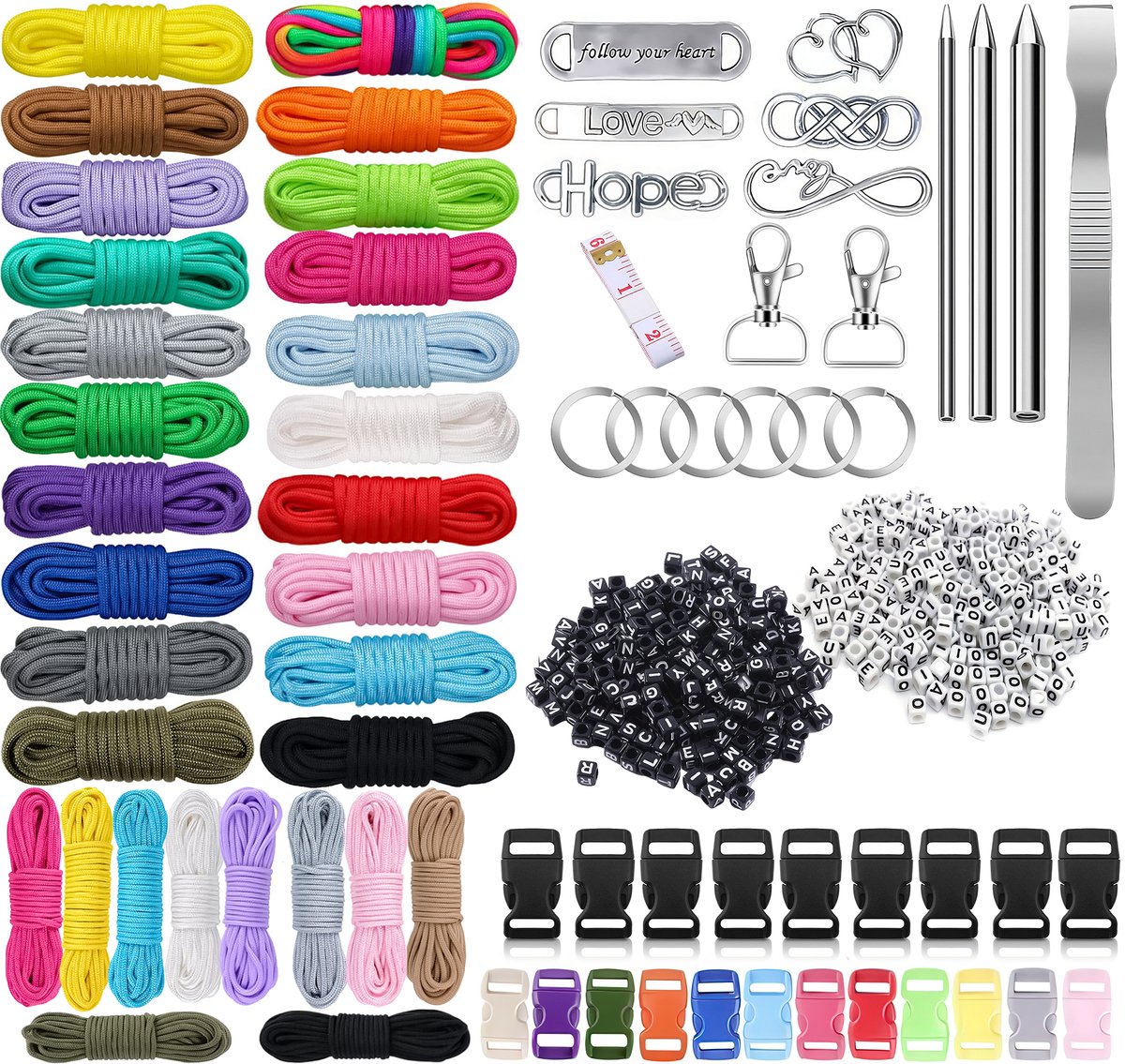 90 meters Paracord Compleet Pakket - 30 Kleuren 4mm Parakoord 550 met Karabijnhaken, Naalden set, Bedels, Klikgesp - Parachute Koord/Touw 2mm Knutselen Set voor Volwassen, Kinderen, Meisjes - Armbandjes, Lanyard, Sleutelhanger, Maken Knutselpakket
