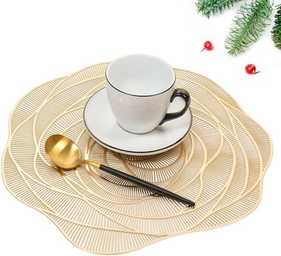 Lot de 6 sets de table lavables en PVC, antidérapants, résistants à la chaleur et à l'usure, faciles à netyer et à ranger, motif fleurs (doré)