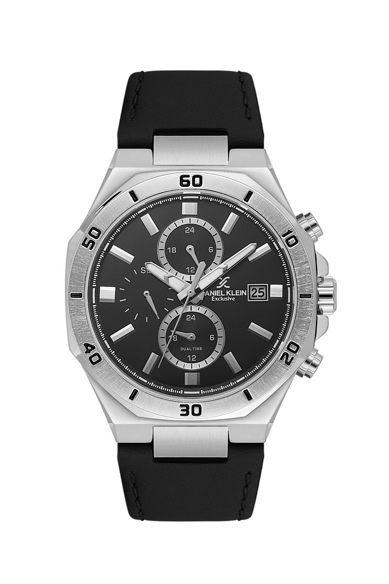 Daniel Klein DK.1.14003-1 - Horloge - Polshorloge - Analoog - Heren- Mannen- Leren band - Metaal - Afegronde achthoek - Streepjes - Dual Time - 12-24 - Datumaanduiding - Zwart - Zilverkleurig - Wit