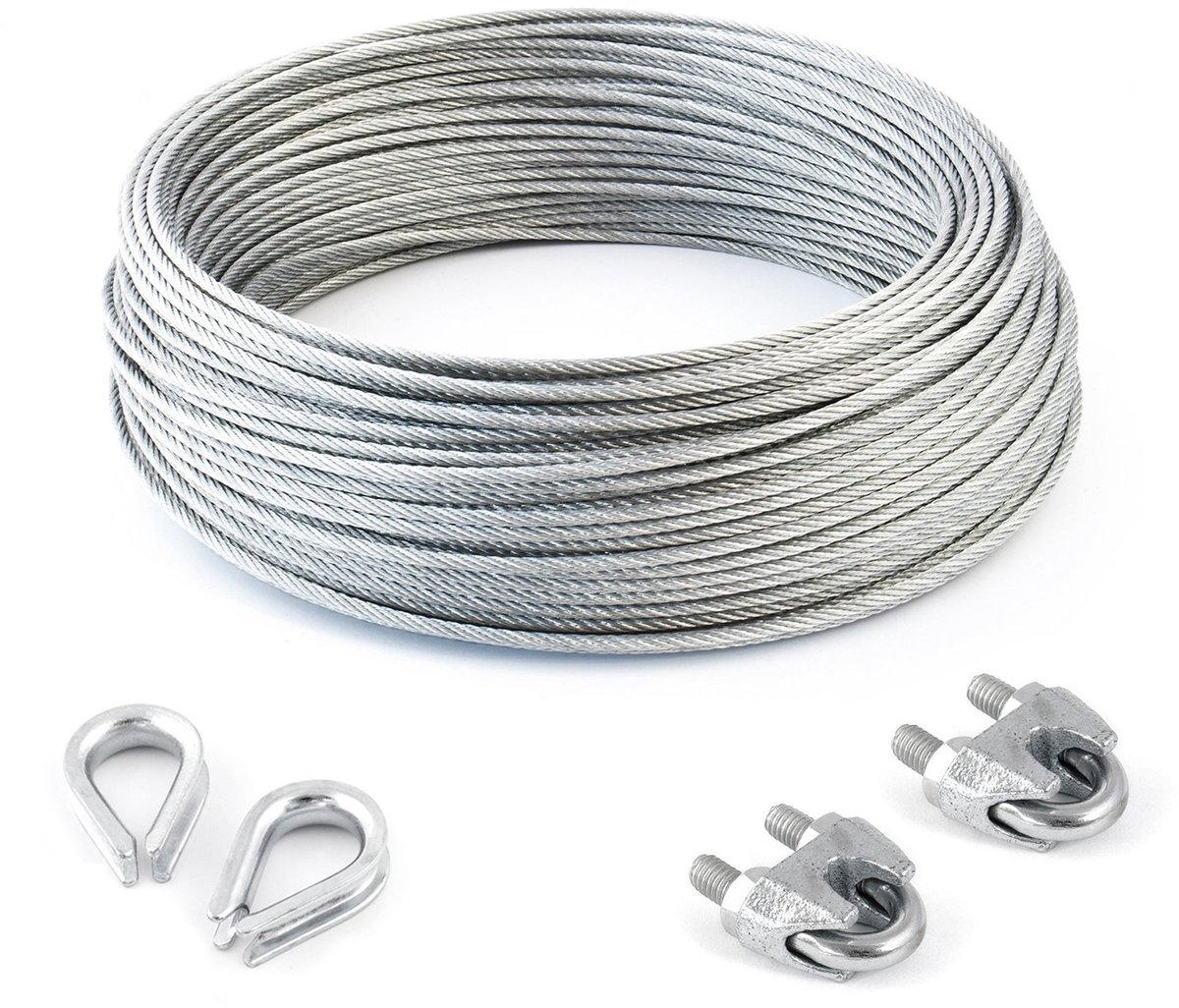 DQ-PP STAALKABEL SET 2 - 3 mm 6x7 middelzacht - 20 meter - Gegalvaniseerd Staal - 2x Kousen 3 mm - 2x Kabelklemmen Beugel 3 mm - Staalkabel voor Klimhulp Kabel Staaldraad Bosbouwkabel Lierkabel Spankabel