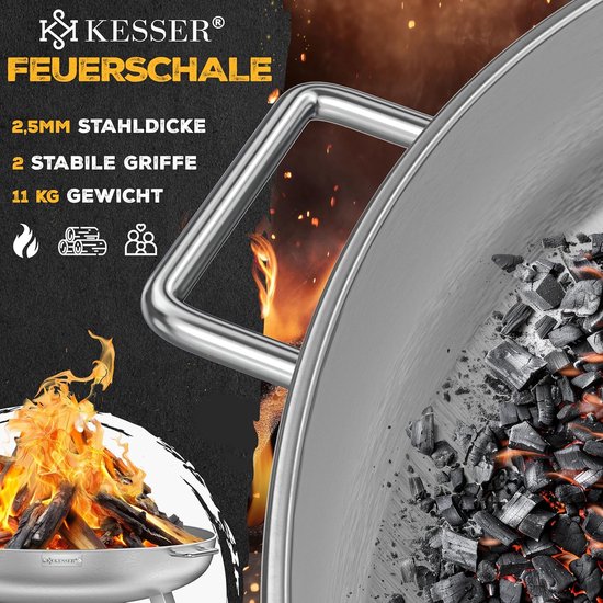 Vuurschaal met gloeiende kolen en vlammen. Tekst 'Feuerschale', '2,5 mm staaldikte', '2 stabiele grepen', '11 kg gewicht'.