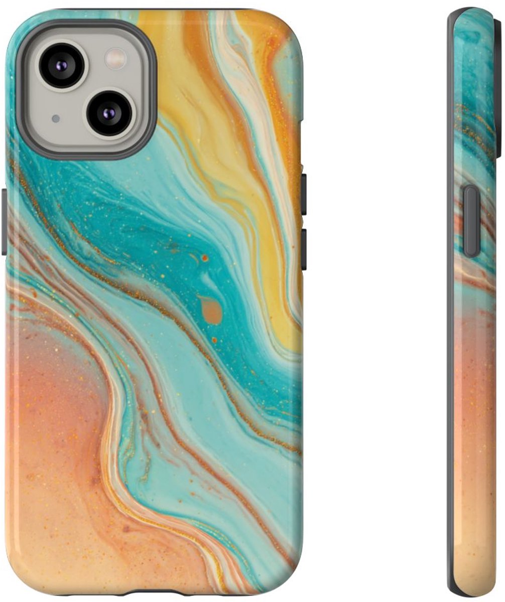 Oranje en Teal Marmer Abstract – Telefoonhoesje Geschikt voor iPhone 14