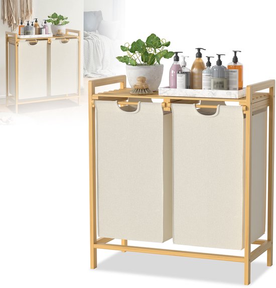 Lumaland Bamboe Wasmand met 2 uittrekbare waszakken | Afmeting ca. 73 cm hoogte x 64 cm breedte x 33 cm diepte, Kleur: Beige