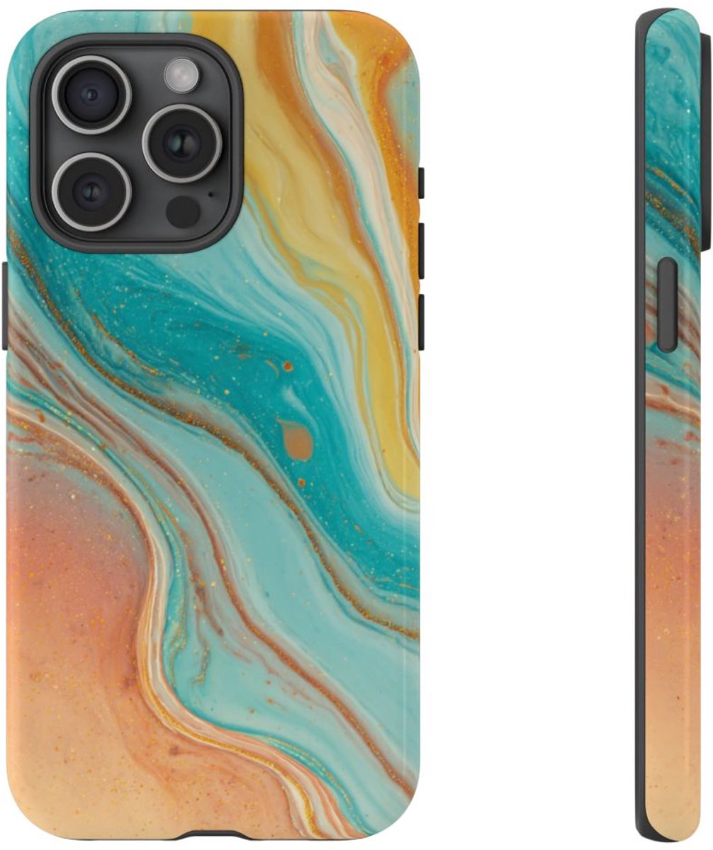 Oranje en Teal Marmer Abstract – Telefoonhoesje Geschikt voor iPhone 15 Pro Max