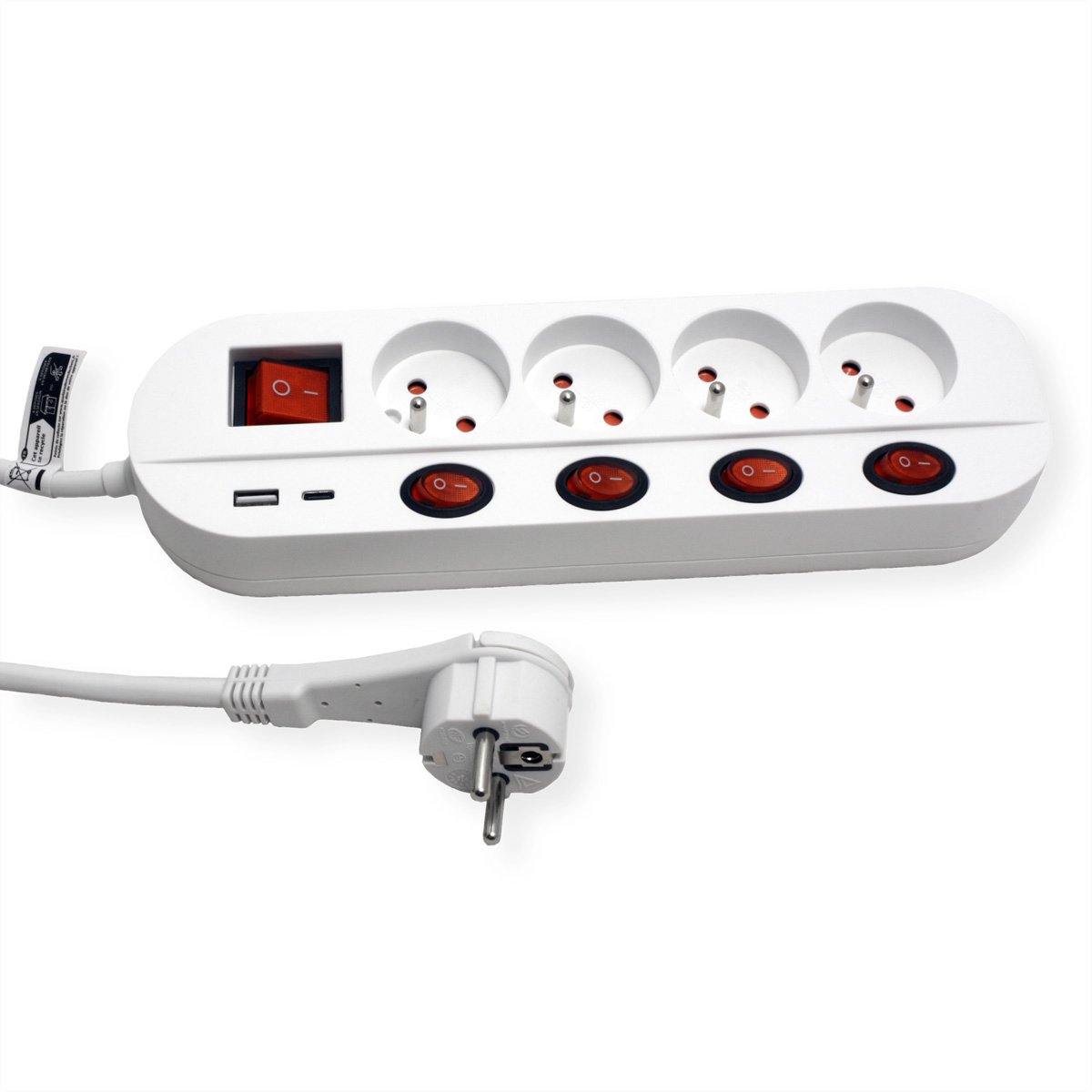 ROLINE 4-voudige stekkerdoos met schakelaar, UTE versie, USB-oplader A+C, 3 m