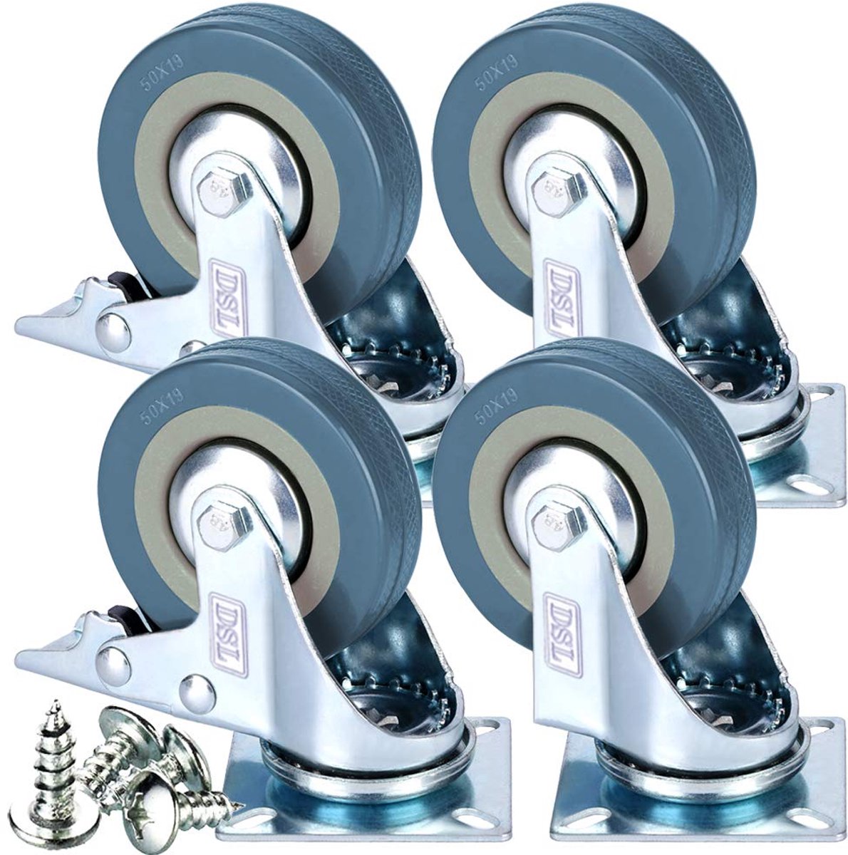 Zware zwenkwielen met rem, 50 mm, rubber, 200 kg, 4 stuks, met bevestiging