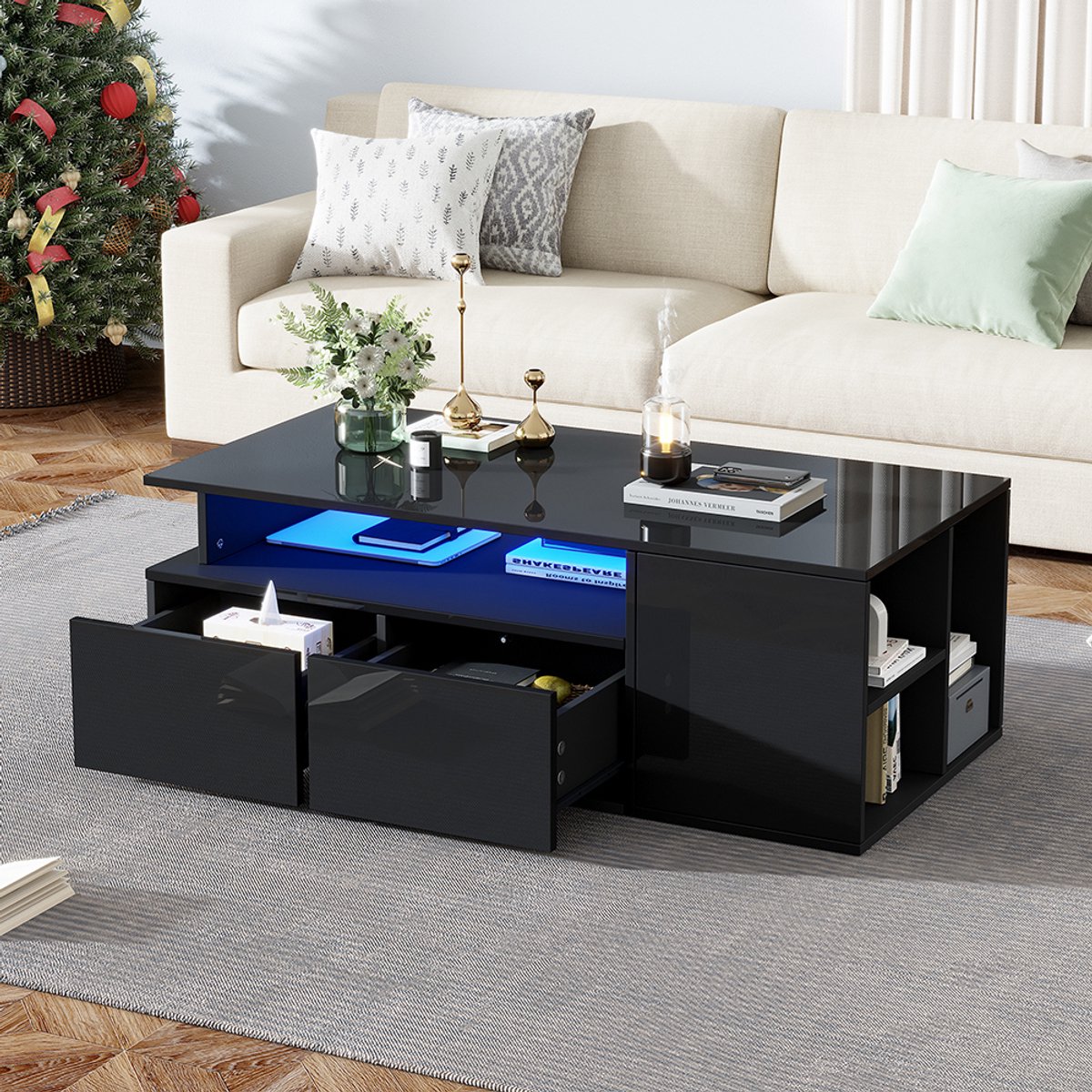 Komhtom 100*50*35 cm salontafel met LEDsalontafel voor in de woonkamersalontafel met 2 ladessalontafel met een totaal draagvermogen van 60 kgzwarte salontafel met veel opbergruimte