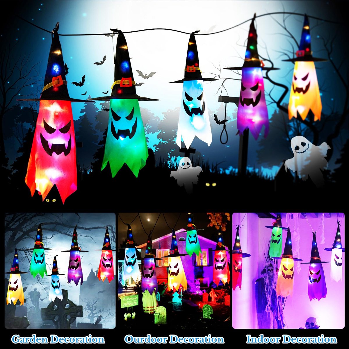 Ibenzoa® 5-delige Halloween Decoratieset met Hangende Geesten en Kleurrijke Lichtketting voor Buiten