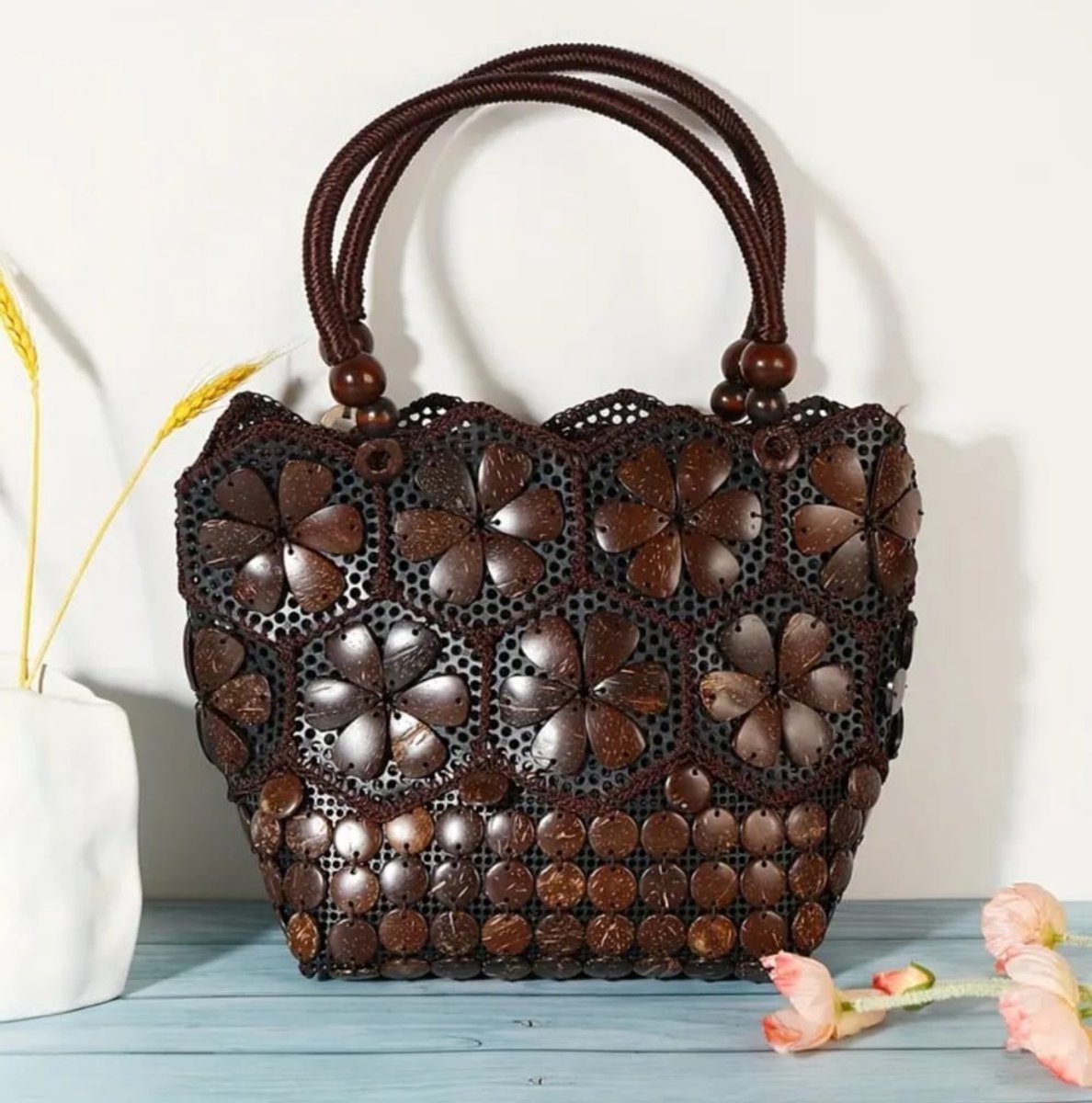 Kokosnoot Handtas Boho Bloemen Compact Elegant Moederdag Verjaardag Cadeau
