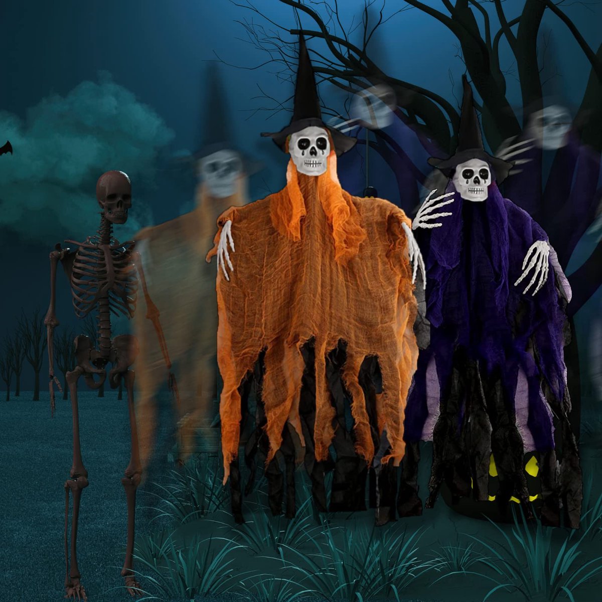 Ibenzoa® Griezelige Halloween Hangdecoratie voor Huis en Tuin - Set van 2 Skeletgeesten met Heksenhoed en Buigbare Armen