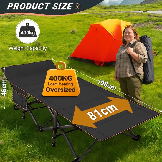 Extra Groot Opvouwbaar Campingbed met Mat - 198×81,5×46 cm, Zwart, Inclusief Draagtas van Merkloos — afbeelding 3