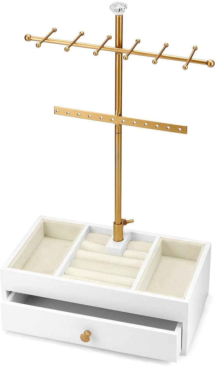 QWORK® 2 IN 1 Sieradenhouder Witte Sieradenstandaard met Lade voor Kettingen, Oorbellen, Ringen, Armbanden (23x12,5x38 cm)