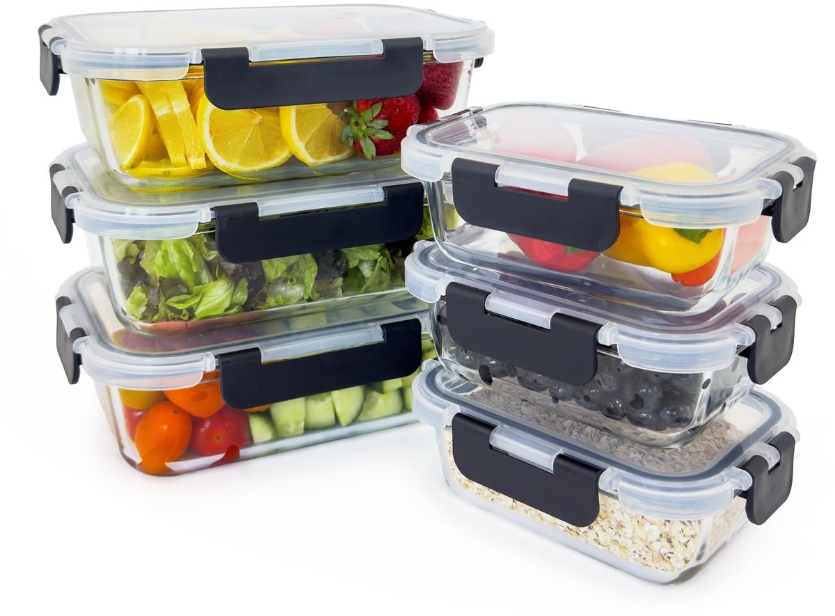 Set van 6 maaltijdboxen inclusief deksel | Glazen voedselcontainers | Luchtdicht | BPA-vrij | Hittebestendig | Magnetron-, vriezer- en vaatwasserbestendig | Ideaal voor snacks [3x1040ml + 3x370ml]