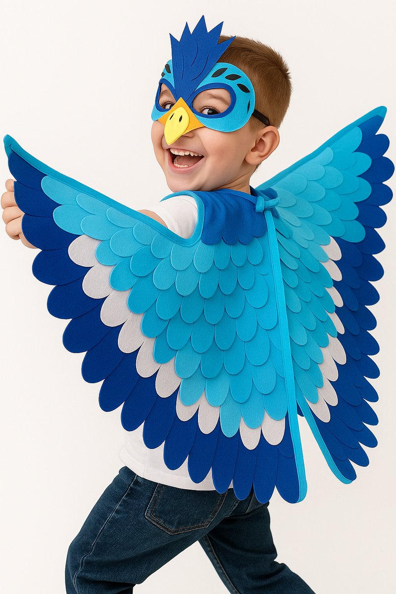 Joya Kids® Vogel Verkleedcape en Masker Blauw | Cape met Masker van Vilt | Vilten Verkleedset | Verkleden Paradijsvogel | Meisje en Jongen Verkleedkleding | Cape Set | Carnaval en Halloween Outfit Kinderen — afbeelding 5