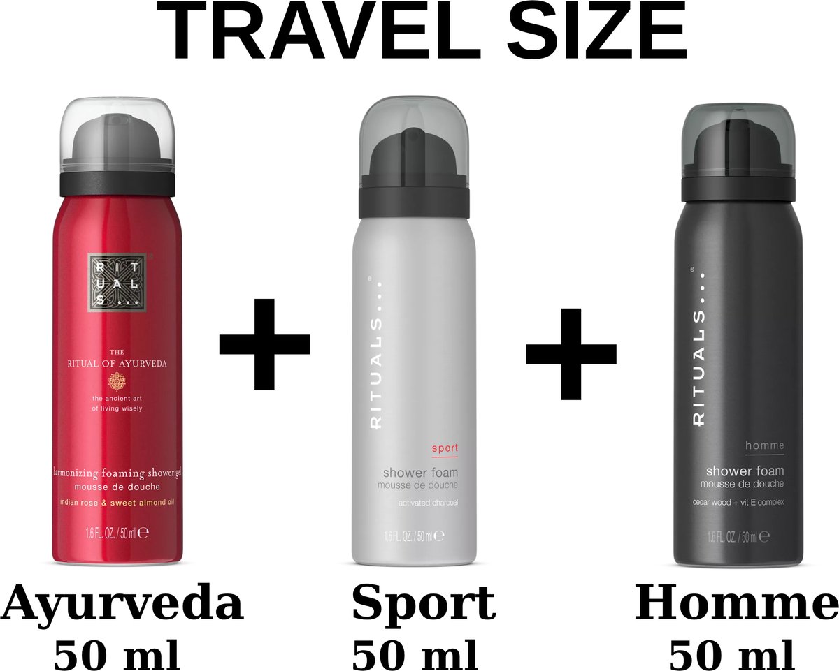 Rituals - Combi Set - Travel Shower Gels - Sport 50 ml + Homme 50 ml + Ayurveda 50 ml + Gift bag - 3X 50 ml = 150 ml - Douche gels - Doucheschuim - Travel Size