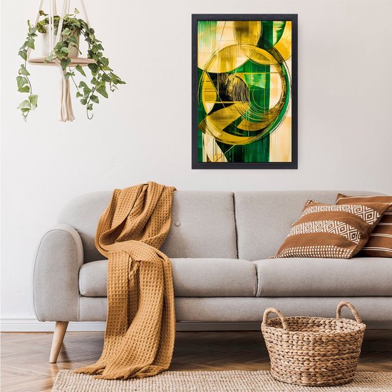 Groene en gouden abstracte cirkels - Cirkel canvas kunst - Canvas lijnen - Abstracte kunst - Canvas met houten lijst - Landelijke schilderijen - canvas met baklijst 40x60 cm