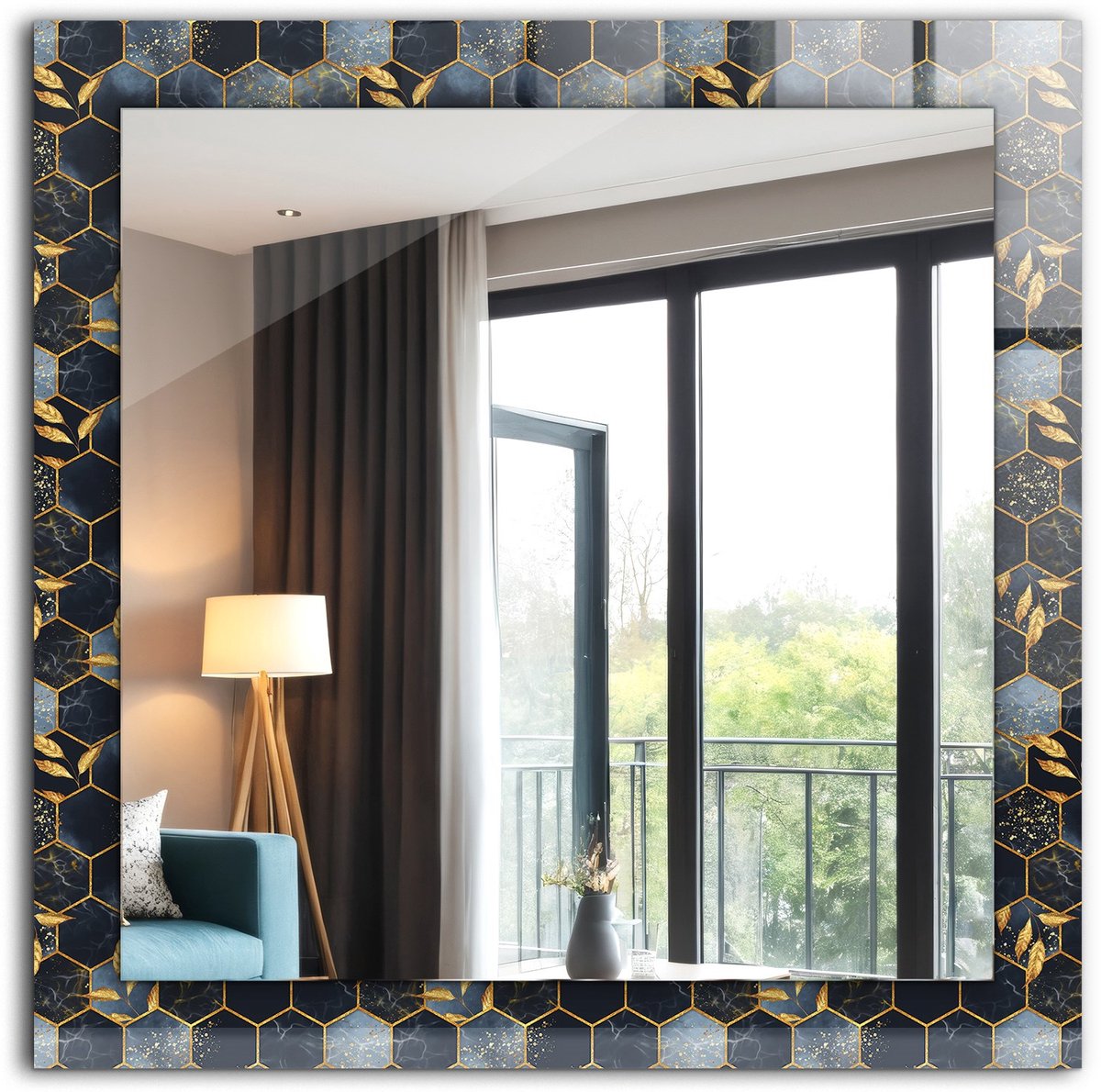 Tulup Spiegel - Vierkante vorm Spiegel - op gehard Glas - Zeshoeken bladeren zwart - 60 x 60 cm - Decoratieve spiegel - Badkamerspiegel - Gangspiegel - Eetkamer - Hal - Visagiespiegel - Minimalistische Spiegel - Hangspiegel
