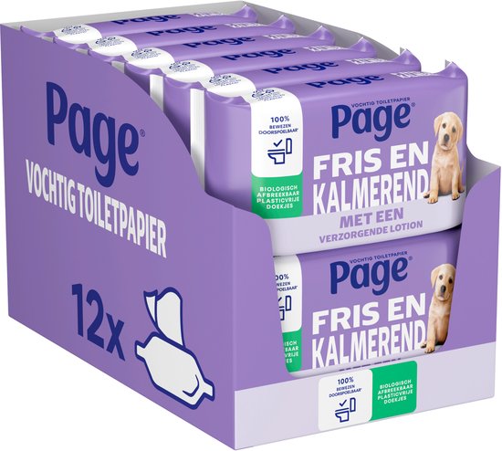 Doos met 12 pakjes Page vochtig toiletpapier, elk met een gele puppy. Titel "Page vochtig toiletpapier".