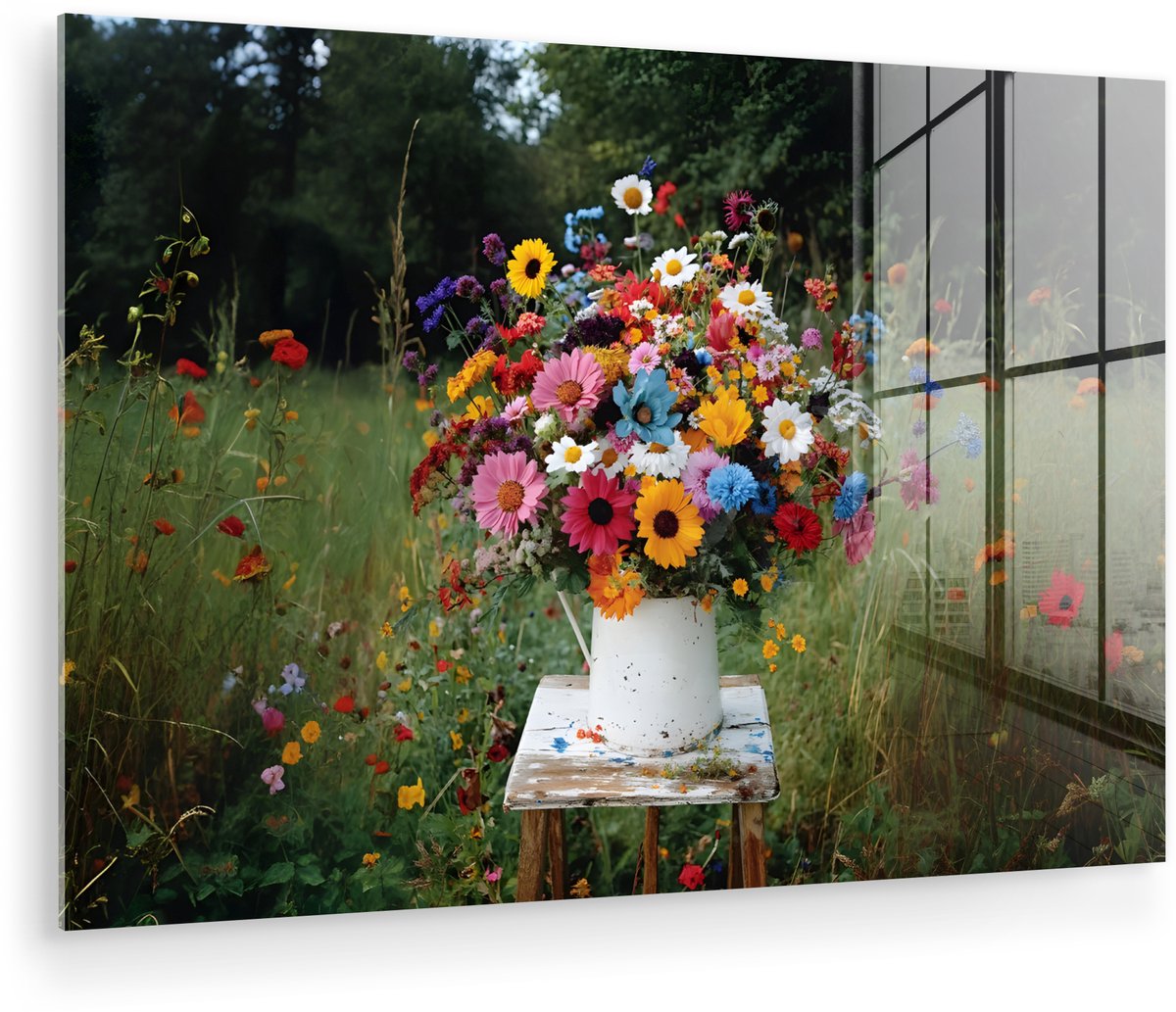 MuchoWow® Glasschilderij 150x100 cm - Schilderij acrylglas - Bloemen - Krukje - Gieter - V
