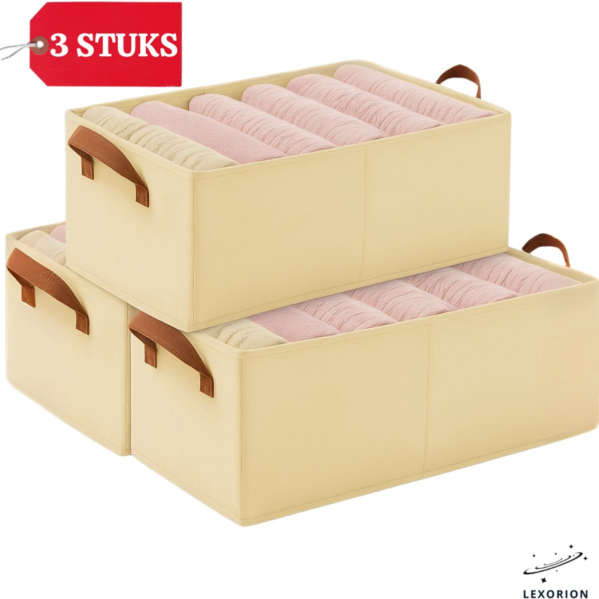 Lexorion Opbergmand – Kleding Kast Organizer – Grote Mand met handvatten – Speelgoedmand – Kastorganizer – Decoratief en Functioneel – Opvouwbare Mand voor Kinderkamer, Badkamer, Woonkamer – 47x27x20 cm – Beige