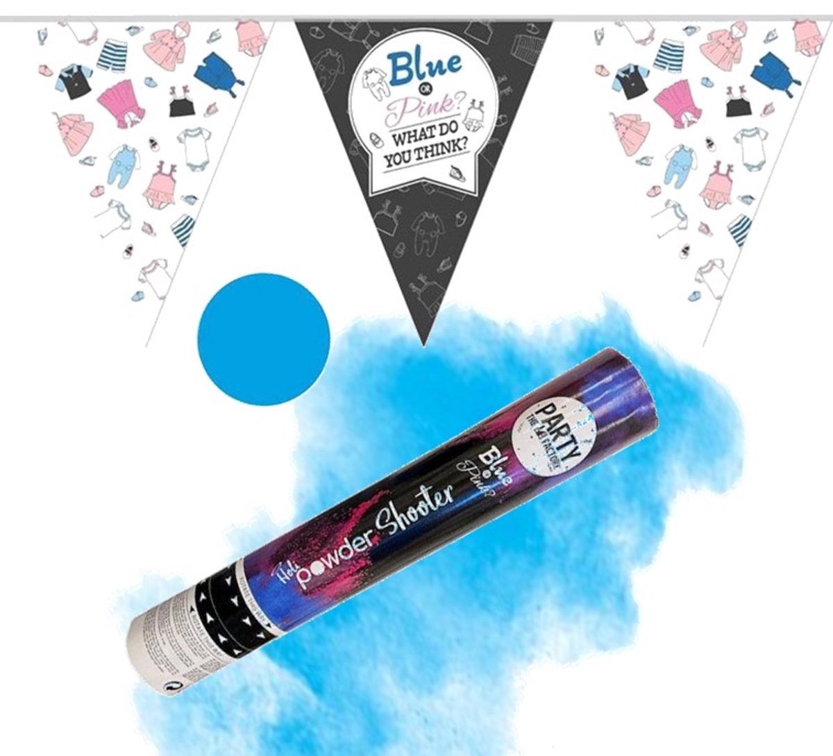 Gender Reveal Blauwe Poeder shooter met vlaggenlijn BOY pakket.